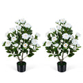 2-Pack Artificial Camellia Tree Faux Flower Plant in Cement-Filled Pot-White