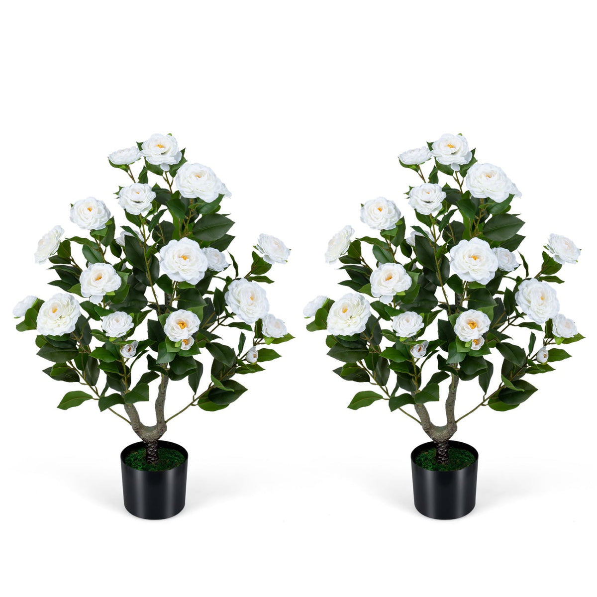 2-Pack Artificial Camellia Tree Faux Flower Plant in Cement-Filled Pot-White