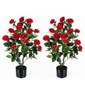2-Pack Artificial Camellia Tree Faux Flower Plant in Cement-Filled Pot-Red