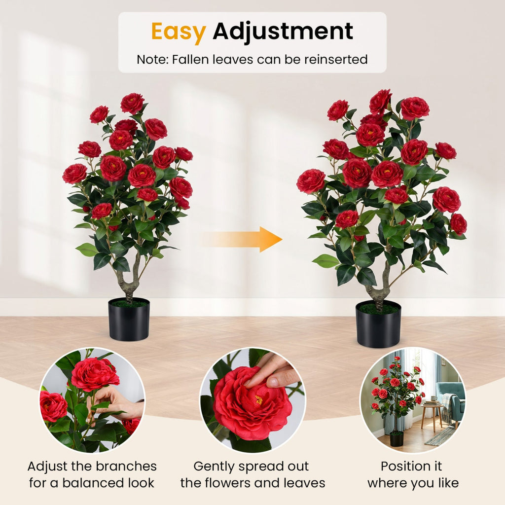 2-Pack Artificial Camellia Tree Faux Flower Plant in Cement-Filled Pot-Red