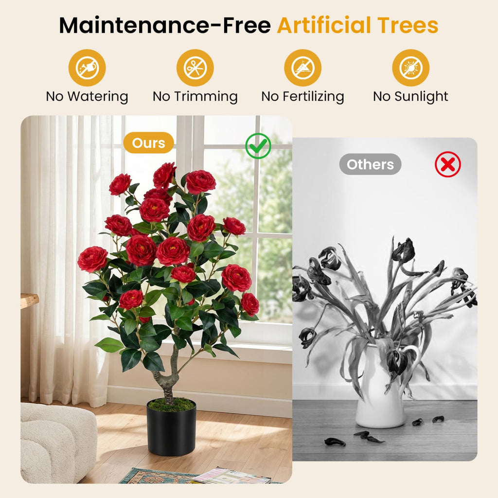 2-Pack Artificial Camellia Tree Faux Flower Plant in Cement-Filled Pot-Red