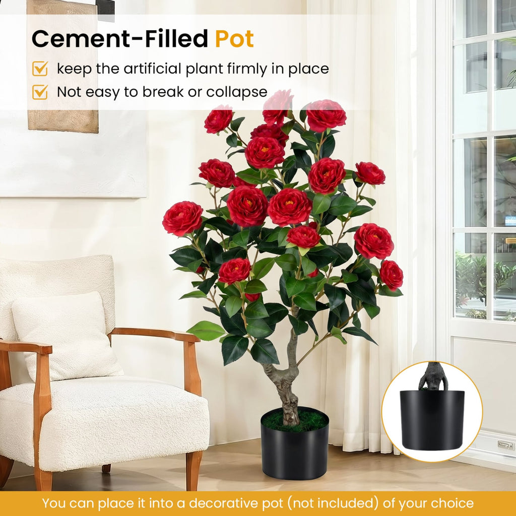 2-Pack Artificial Camellia Tree Faux Flower Plant in Cement-Filled Pot-Red