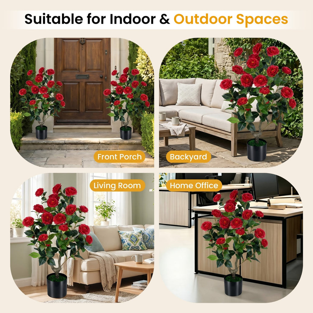2-Pack Artificial Camellia Tree Faux Flower Plant in Cement-Filled Pot-Red