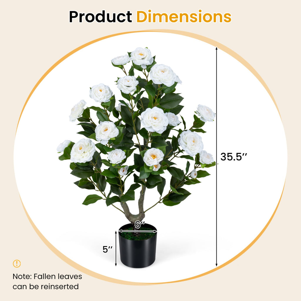 2-Pack Artificial Camellia Tree Faux Flower Plant in Cement-Filled Pot-White