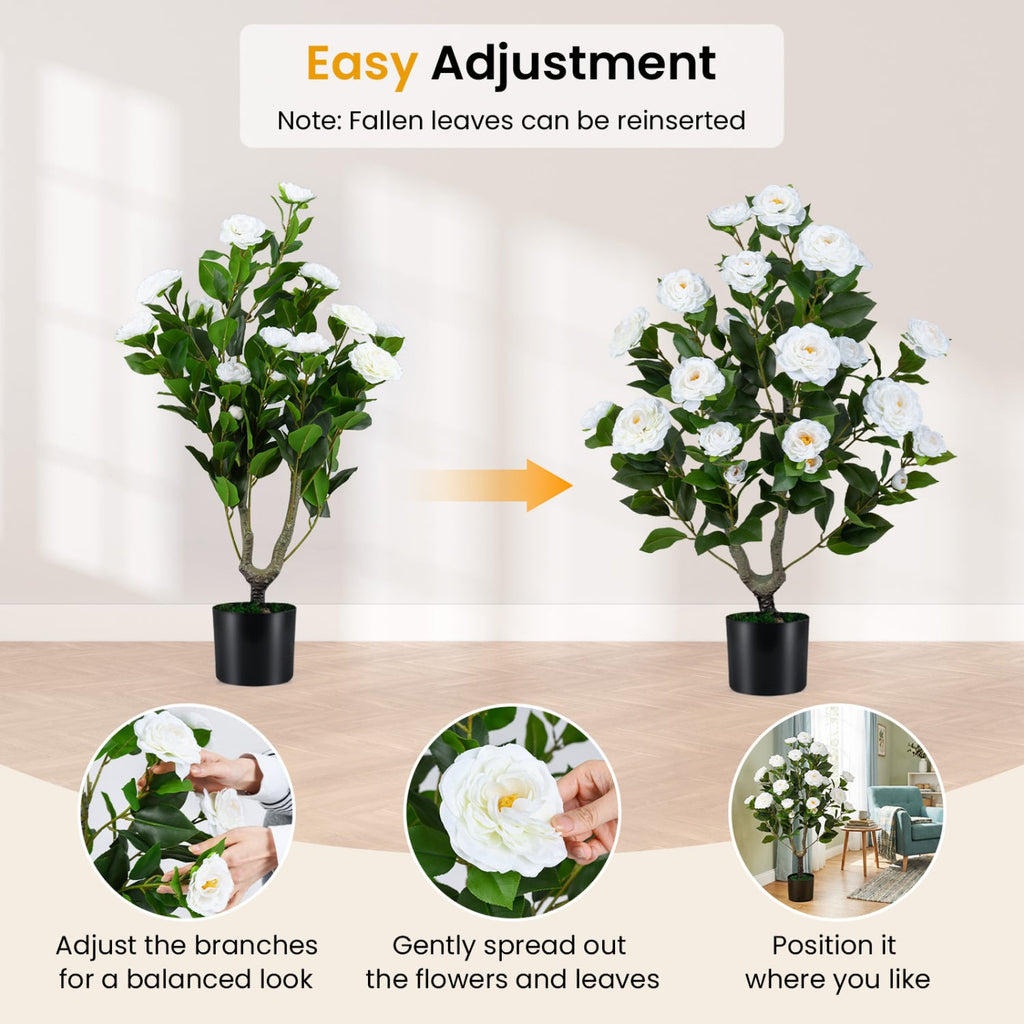 2-Pack Artificial Camellia Tree Faux Flower Plant in Cement-Filled Pot-White