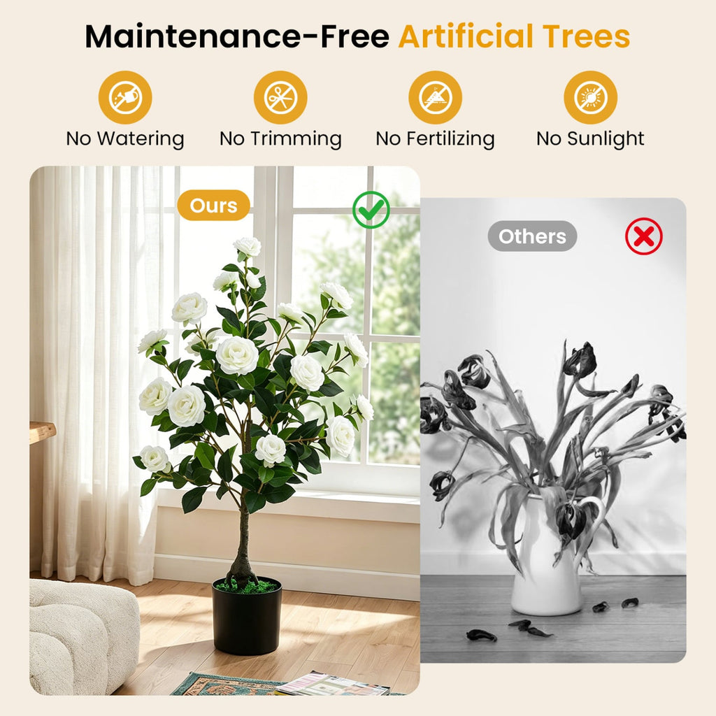 2-Pack Artificial Camellia Tree Faux Flower Plant in Cement-Filled Pot-White