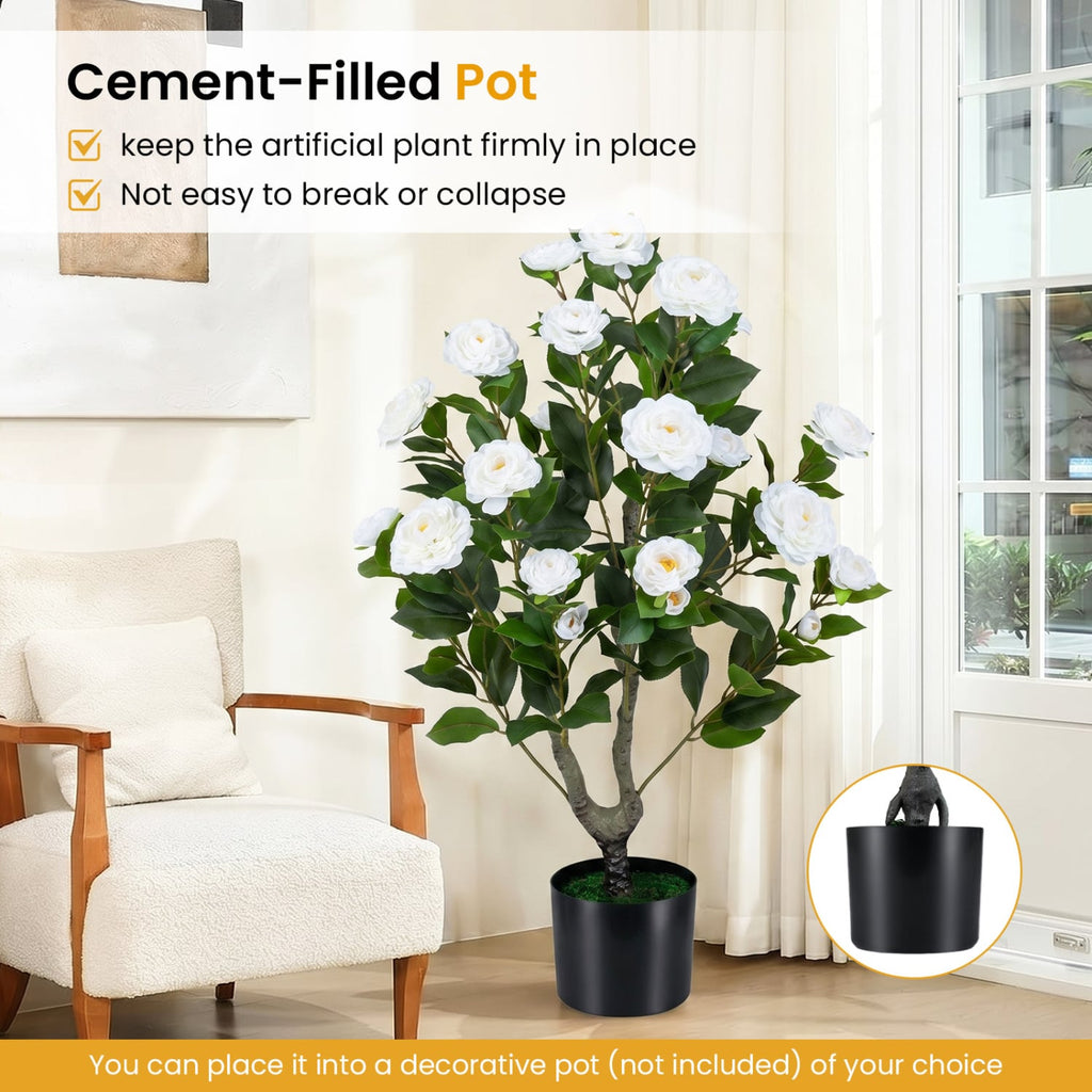 2-Pack Artificial Camellia Tree Faux Flower Plant in Cement-Filled Pot-White