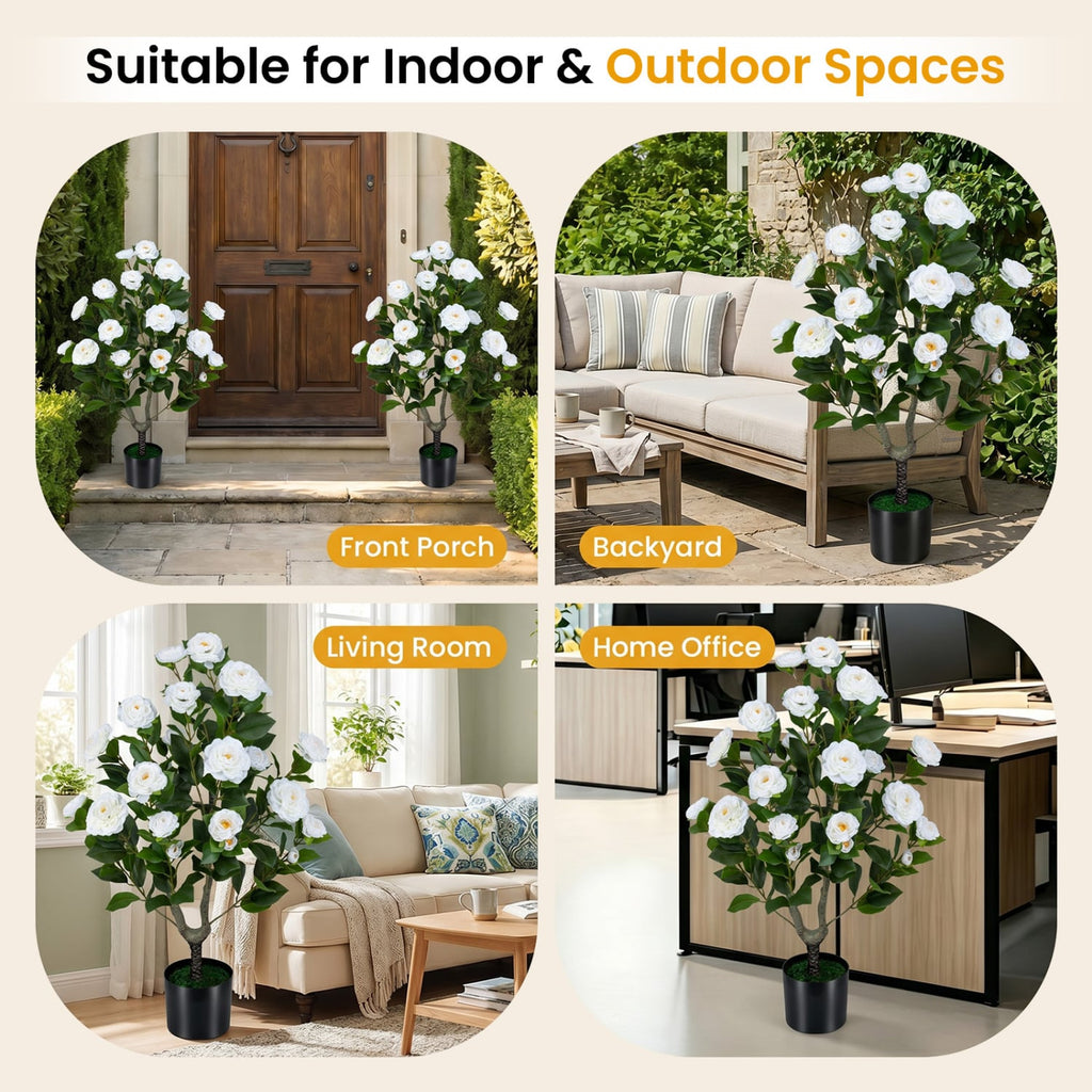 2-Pack Artificial Camellia Tree Faux Flower Plant in Cement-Filled Pot-White