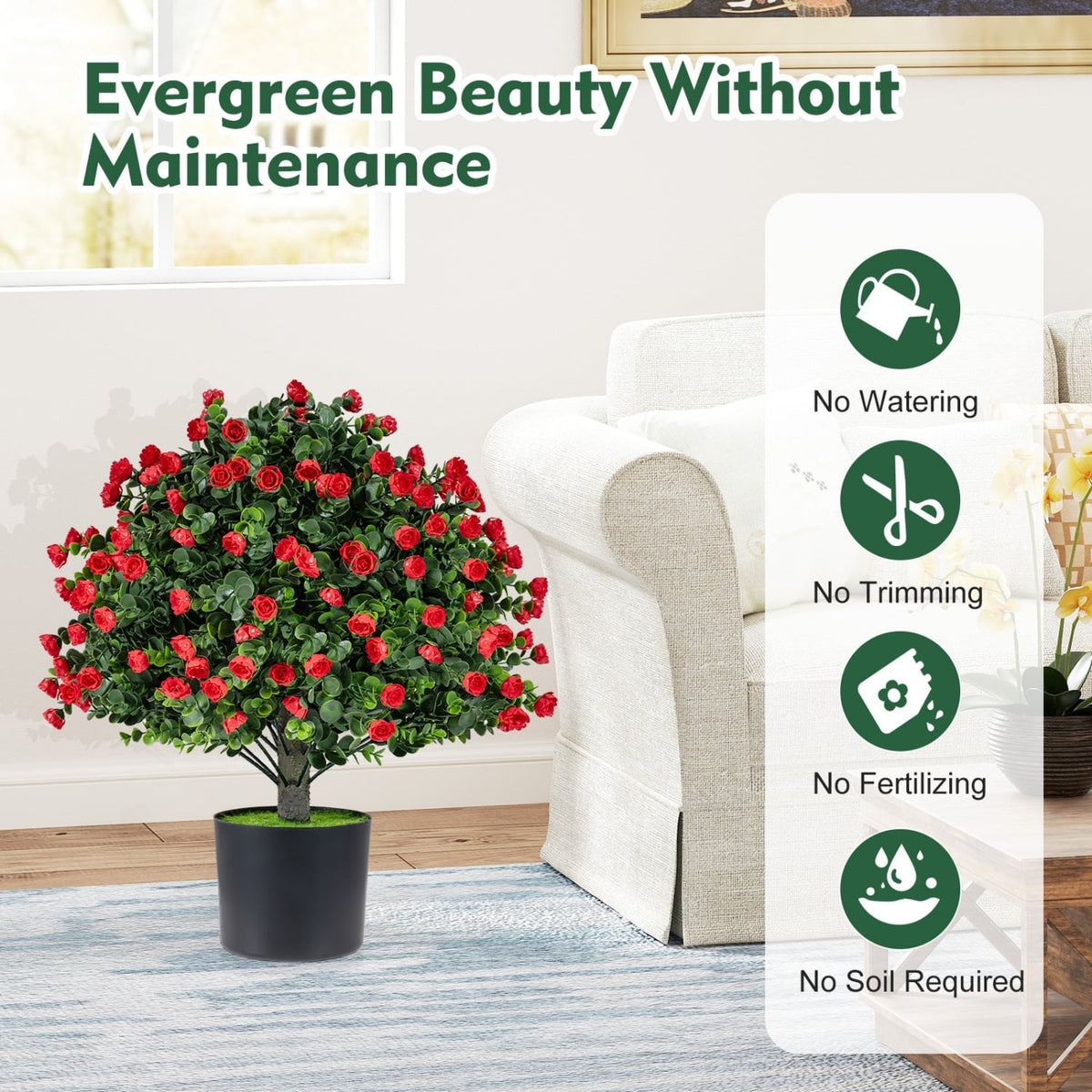 2 Pack Artificial Rose Topiary Ball Trees with PP Cement-Filled Flowerpot for Home