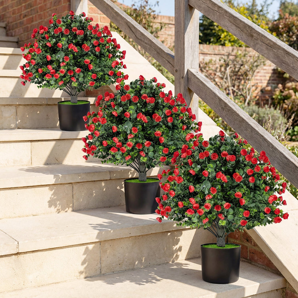 2 Pack Artificial Rose Topiary Ball Trees with PP Cement-Filled Flowerpot for Home