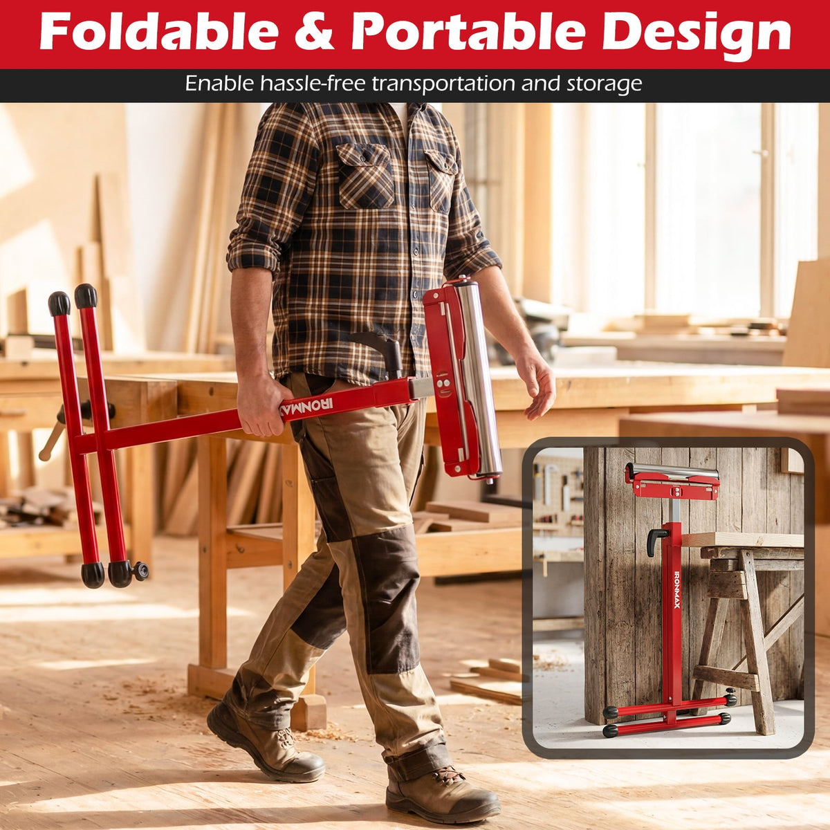 2-Pack Folding Roller Stands Portable Outfeed Supports with Adjustable Height-Red