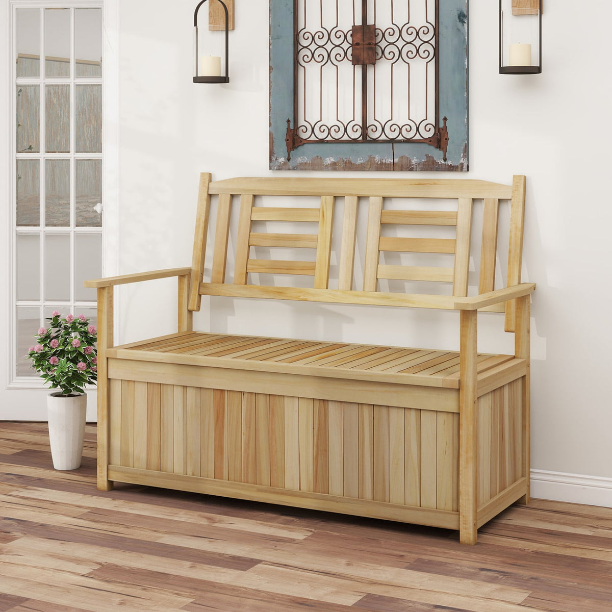 2-Person Garden Bench with 49 Gal Storage Bench and Backrest﻿-Natural