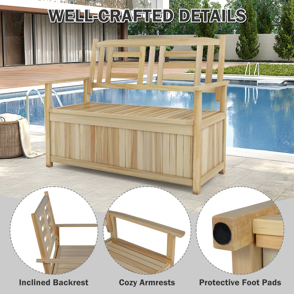2-Person Garden Bench with 49 Gal Storage Bench and Backrest﻿-Natural