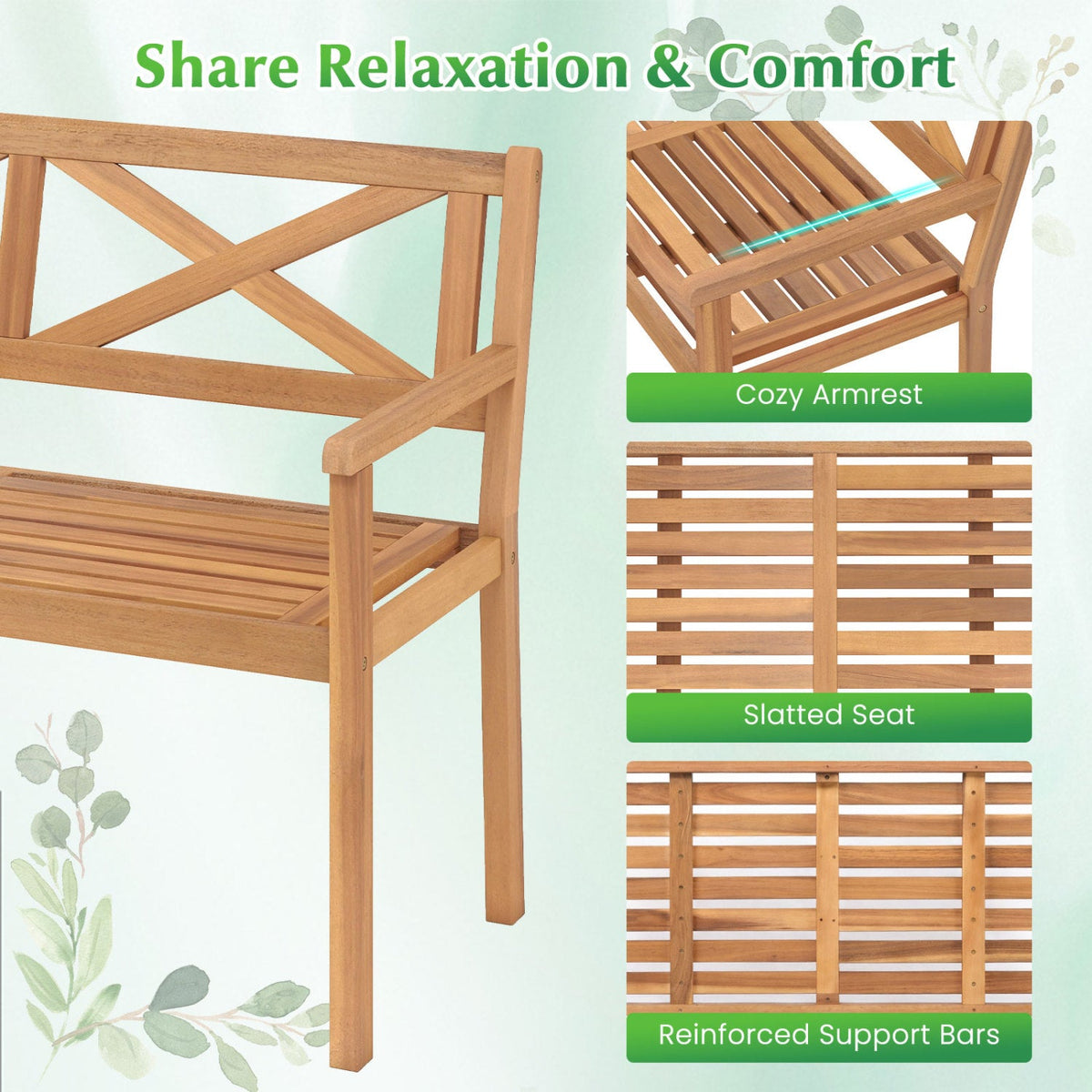 2-Person Patio Acacia Wood Garden Chair with Armrests and Backrest for Backyard