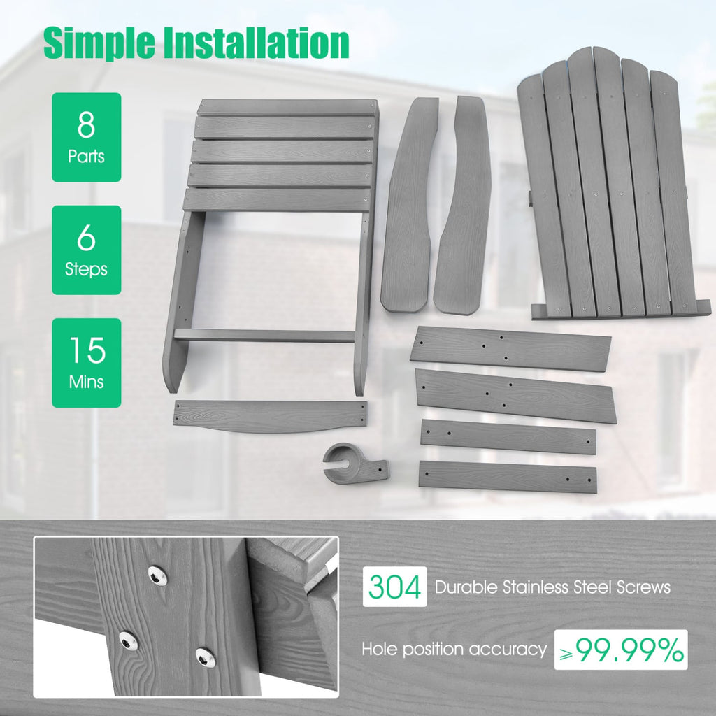 2 Pieces Adirondack Chair Set with Ergonomic Design for Porch and Backyard-Silver
