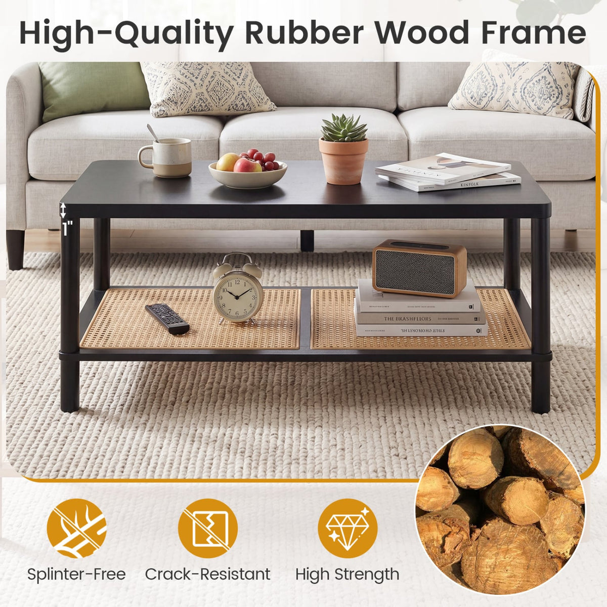2-Tier Boho Coffee Table for Living Room Rectangular Center Table with Rubber Wood Frame and PVC Rattan Storage Shelf-Black