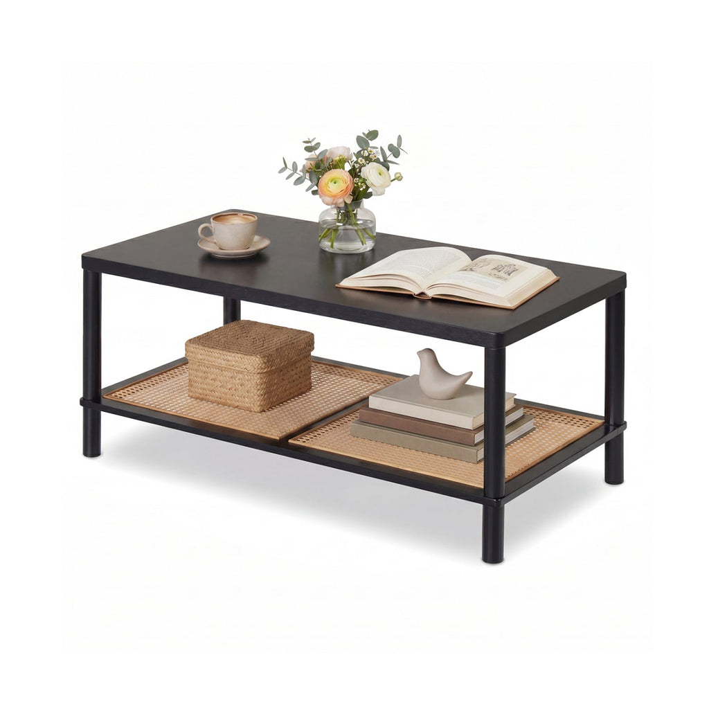 2-Tier Boho Coffee Table for Living Room Rectangular Center Table with Rubber Wood Frame and PVC Rattan Storage Shelf-Black