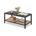 2-Tier Boho Coffee Table for Living Room Rectangular Center Table with Rubber Wood Frame and PVC Rattan Storage Shelf-Black