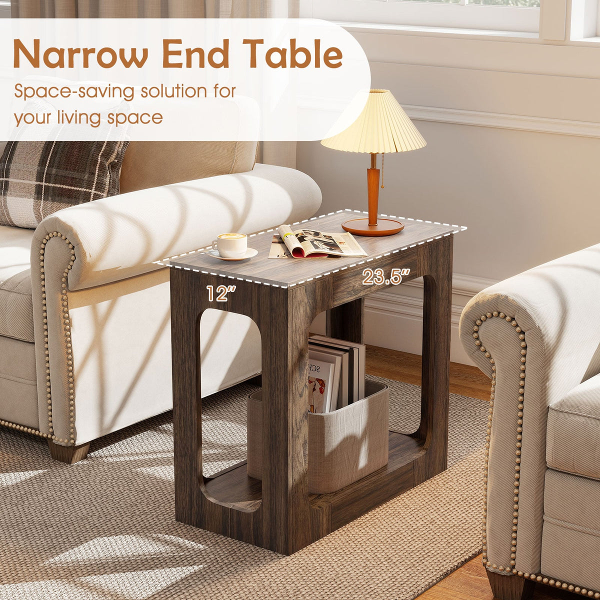 2-Tier End Table with Storage Shelf for Living Room-Walnut