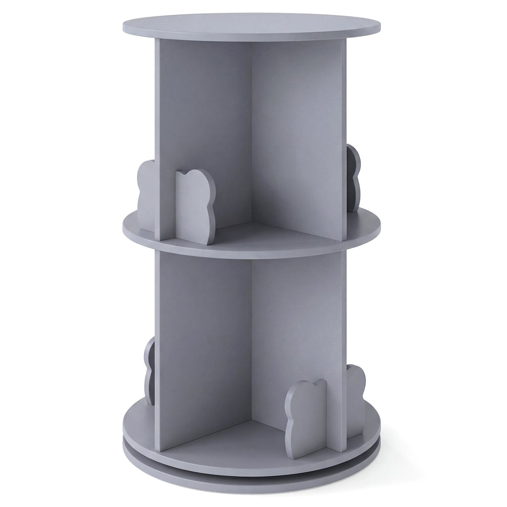 2 Tier Freestanding Kids Rotating Bookshelf Storage Rack with Bear Baffles-Gray