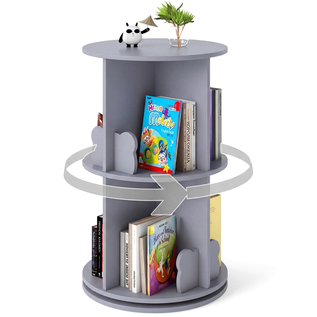 2 Tier Freestanding Kids Rotating Bookshelf Storage Rack with Bear Baffles-Gray