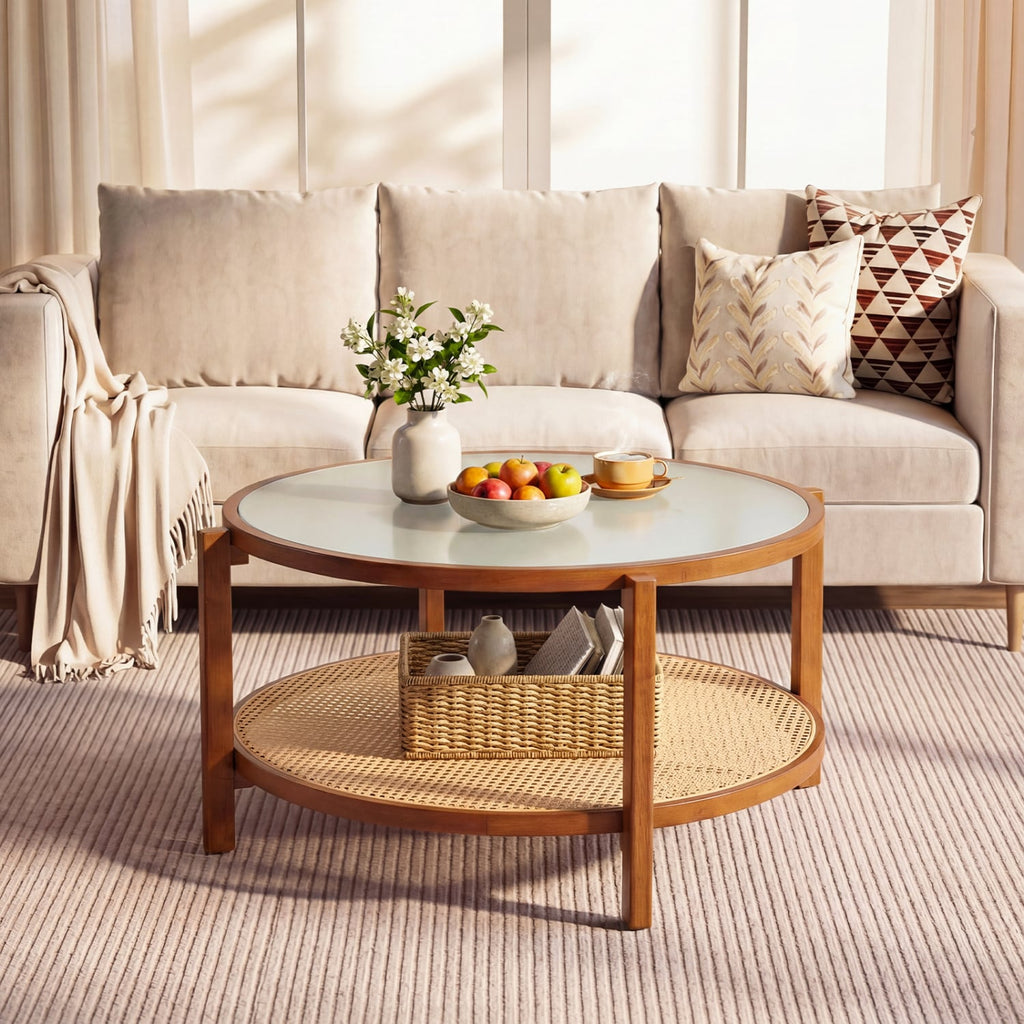 2-Tier Rattan Coffee Table with Frosted Tempered Glass Top and Wood Legs-Walnut