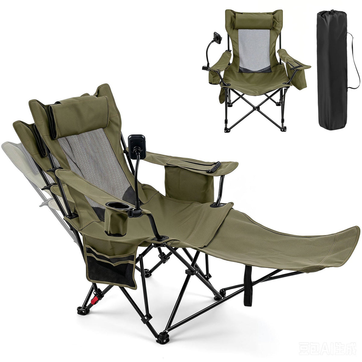 2-in-1 Reclining Camping Chair with 3-Level Adjustable Backrest-Green