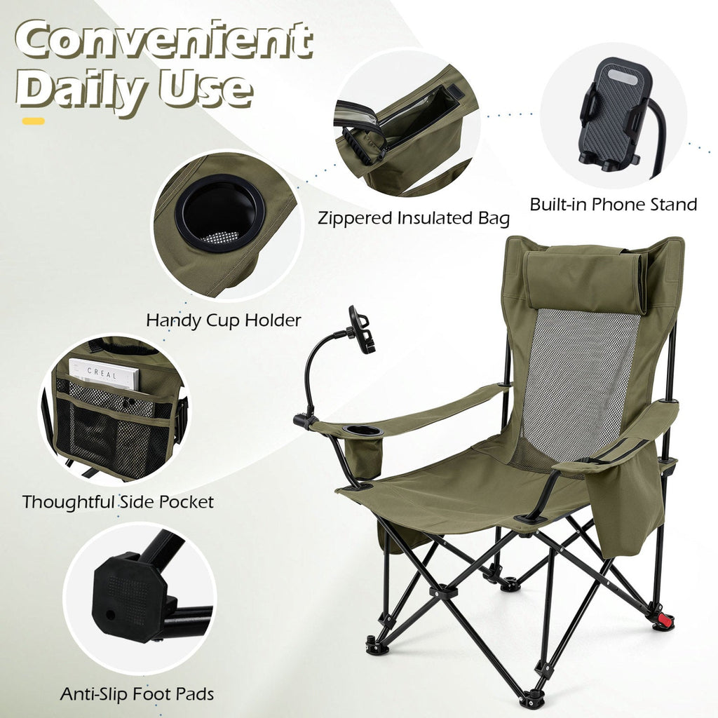 2-in-1 Reclining Camping Chair with 3-Level Adjustable Backrest-Green