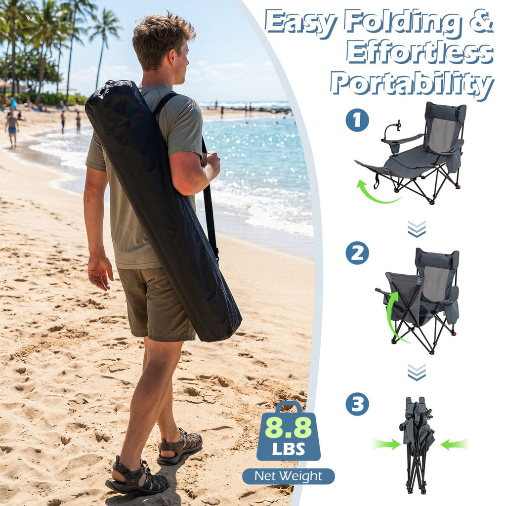 2-in-1 Reclining Camping Chair with 3-Level Adjustable Backrest-Gray