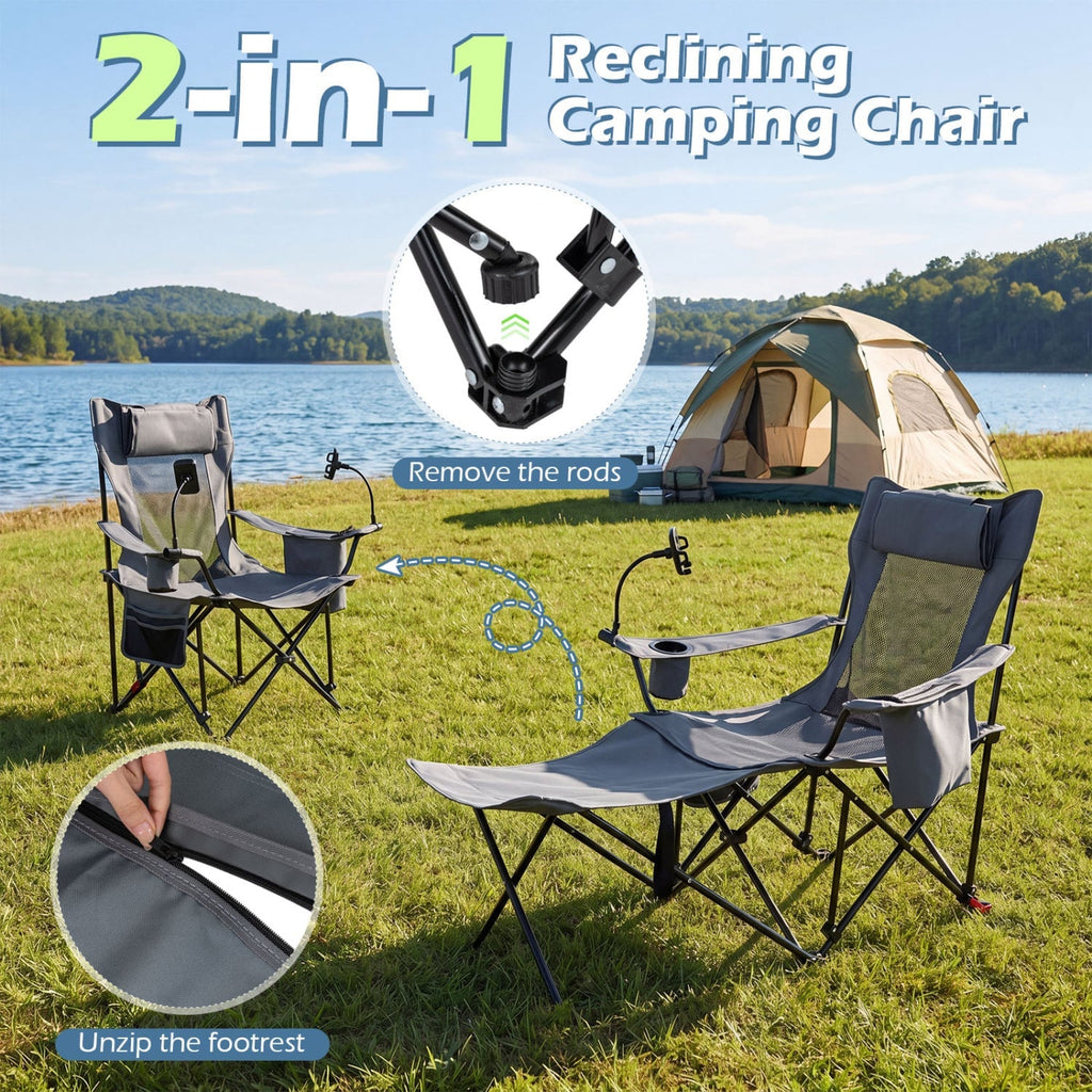 2-in-1 Reclining Camping Chair with 3-Level Adjustable Backrest-Gray