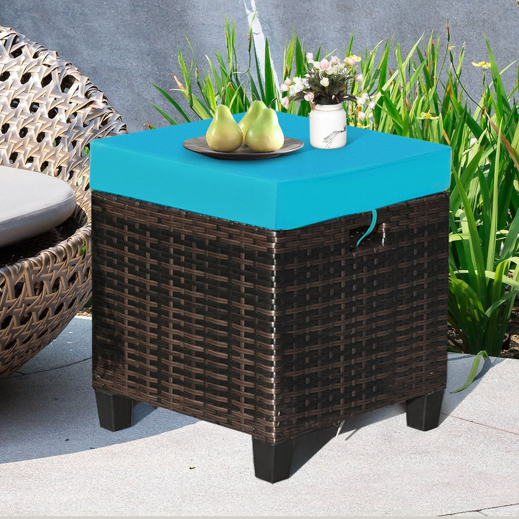 2 Pieces Patio Rattan Ottoman Set with Removable Cushions-Turquoise