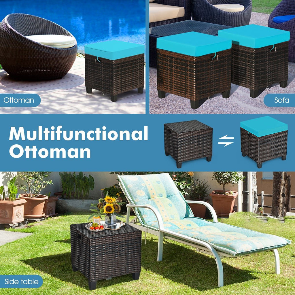 2 Pieces Patio Rattan Ottoman Set with Removable Cushions-Turquoise