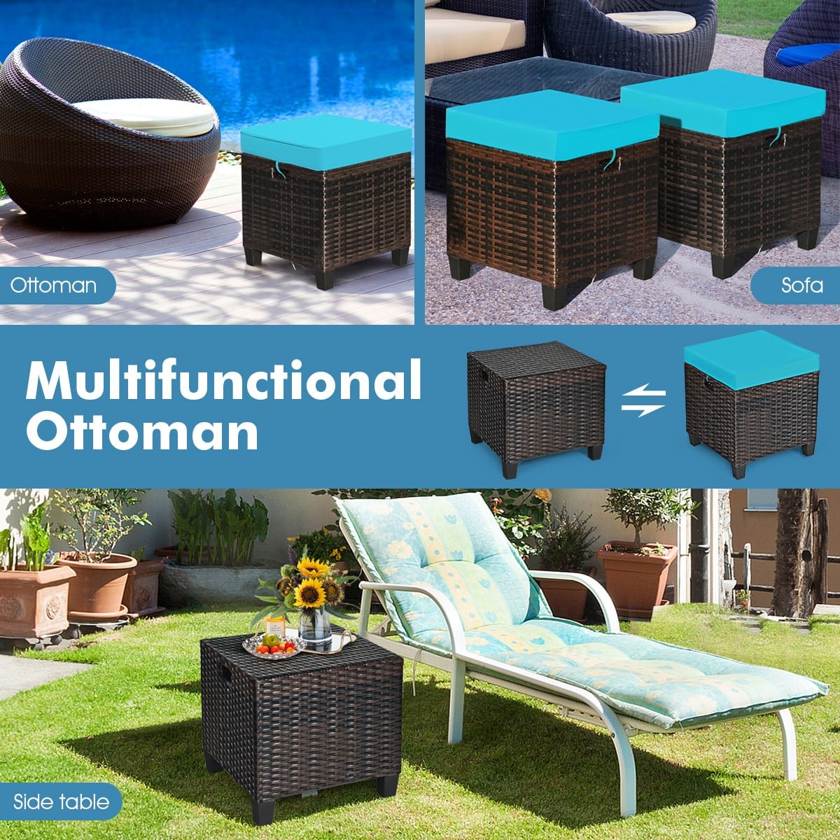 2 Pieces Patio Rattan Ottoman Set with Removable Cushions-Turquoise