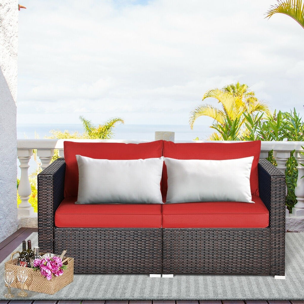 2 Piece Patio Rattan Corner Sofa Set, Left and Right Sectional Chairs with 4 Cushions, Red