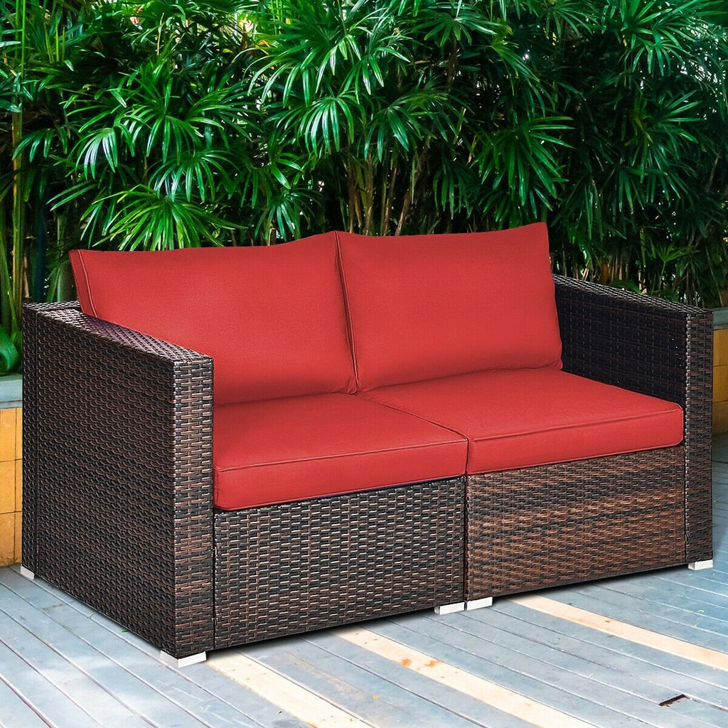 2 Piece Patio Rattan Corner Sofa Set, Left and Right Sectional Chairs with 4 Cushions, Red