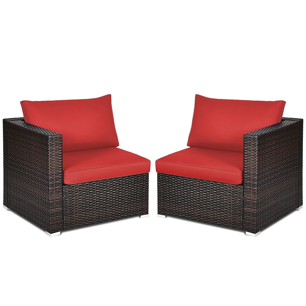 2 Piece Patio Rattan Corner Sofa Set, Left and Right Sectional Chairs with 4 Cushions, Red