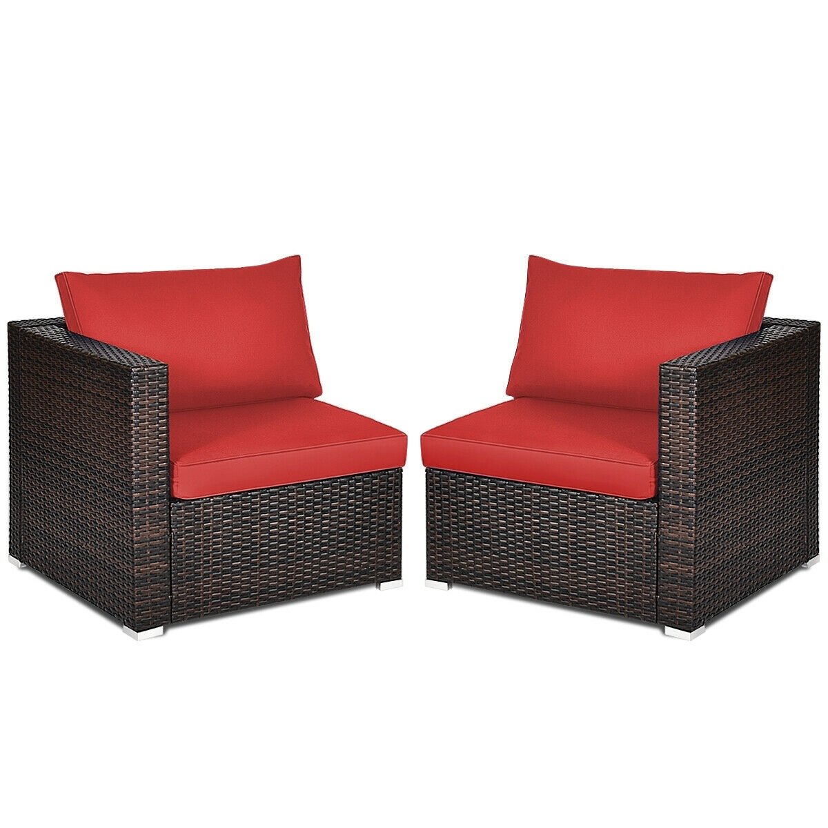 2 Piece Patio Rattan Corner Sofa Set, Left and Right Sectional Chairs with 4 Cushions, Red