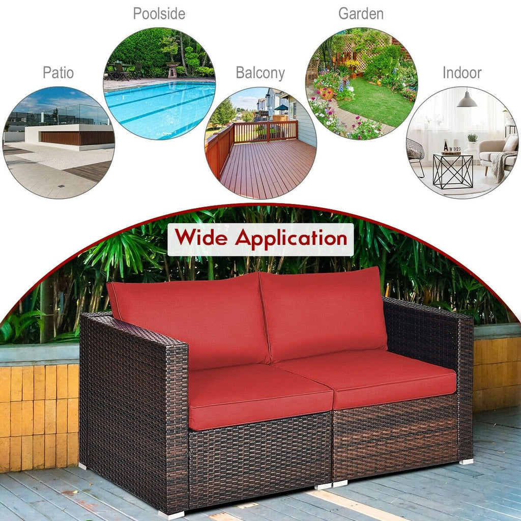 2 Piece Patio Rattan Corner Sofa Set, Left and Right Sectional Chairs with 4 Cushions, Red