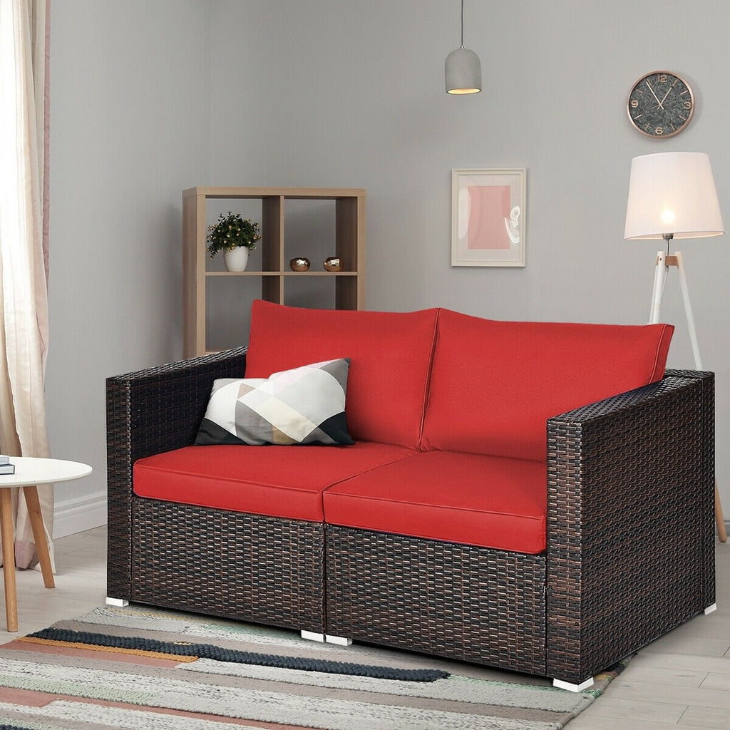 2 Piece Patio Rattan Corner Sofa Set, Left and Right Sectional Chairs with 4 Cushions, Red