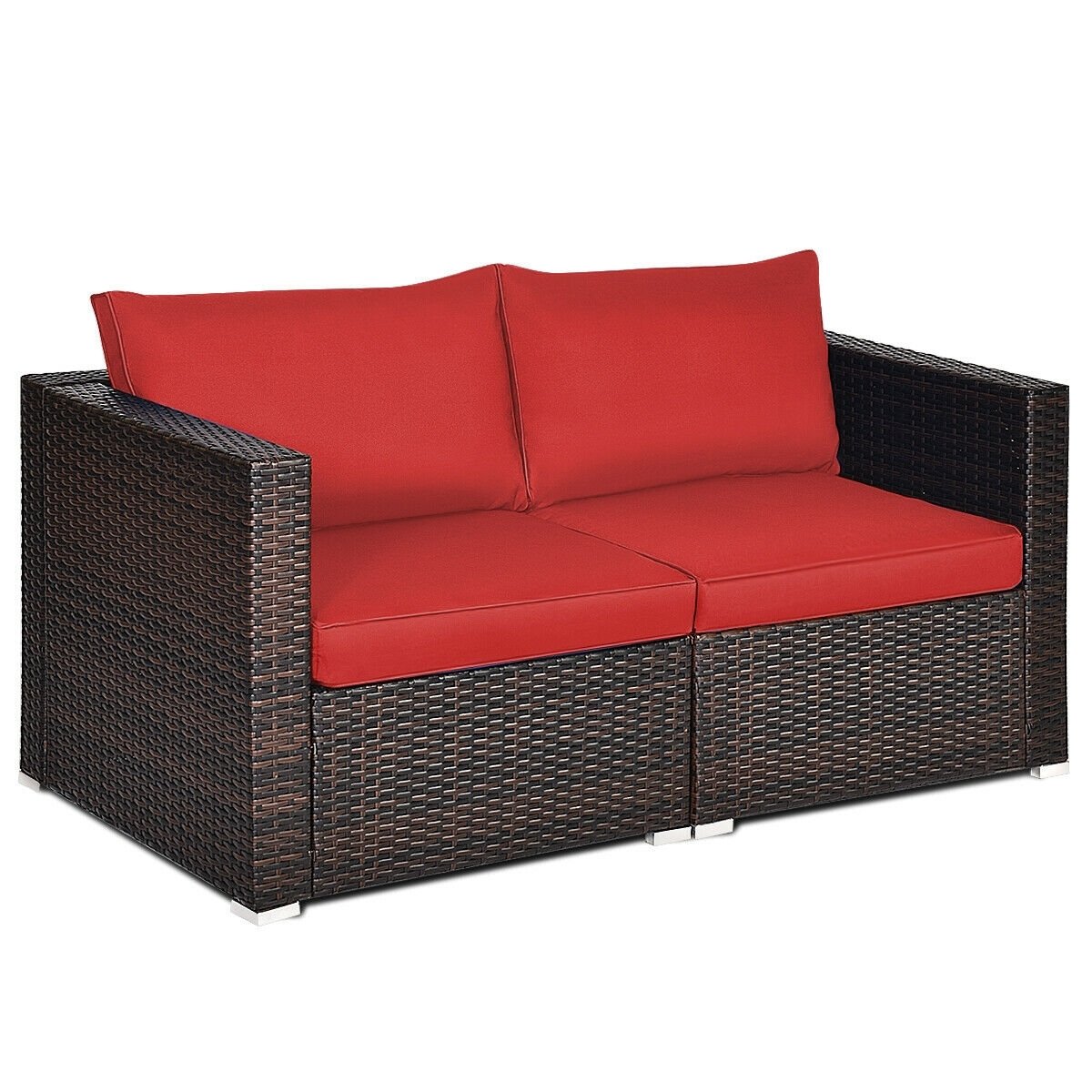2 Piece Patio Rattan Corner Sofa Set, Left and Right Sectional Chairs with 4 Cushions, Red