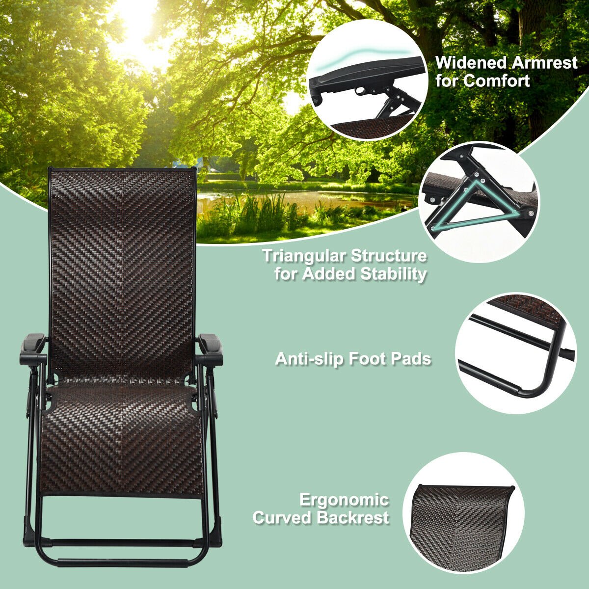 2 Pieces Patio Rattan Zero Gravity Lounge Chair