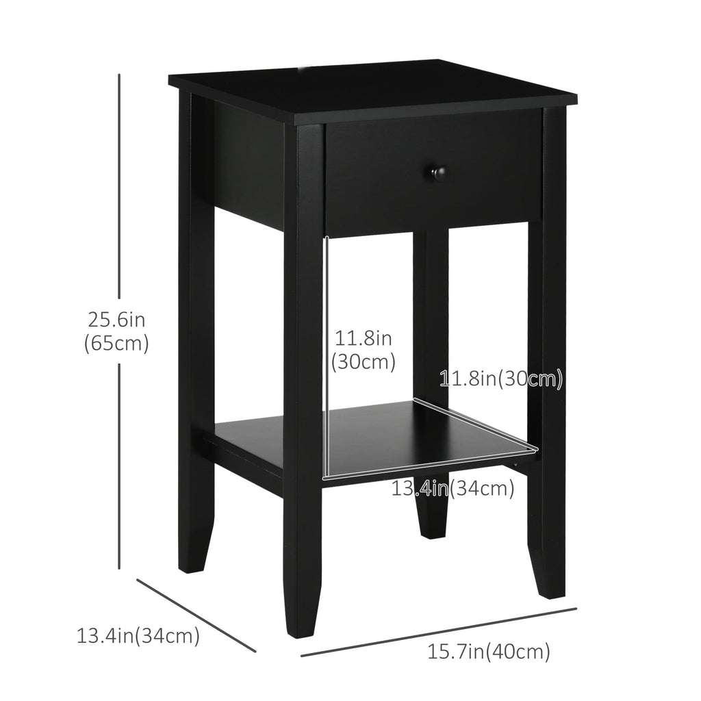 Side Table Set of 2, End Tables with Drawer and Bottom Shelf, 2-tier Nightstand for Bedroom, Living Room, Black