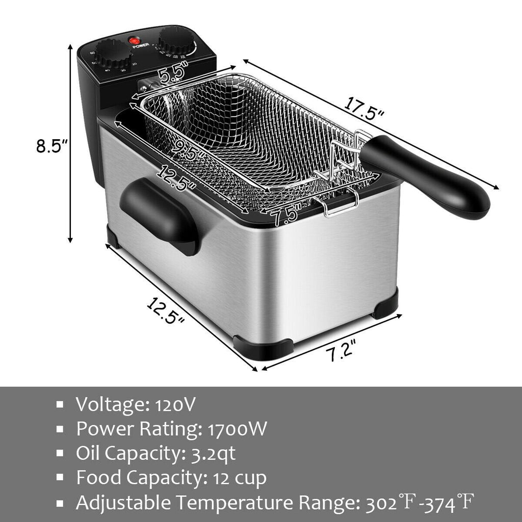 3.2 Quart Electric Stainless Steel Deep Fryer with Timer-Silver