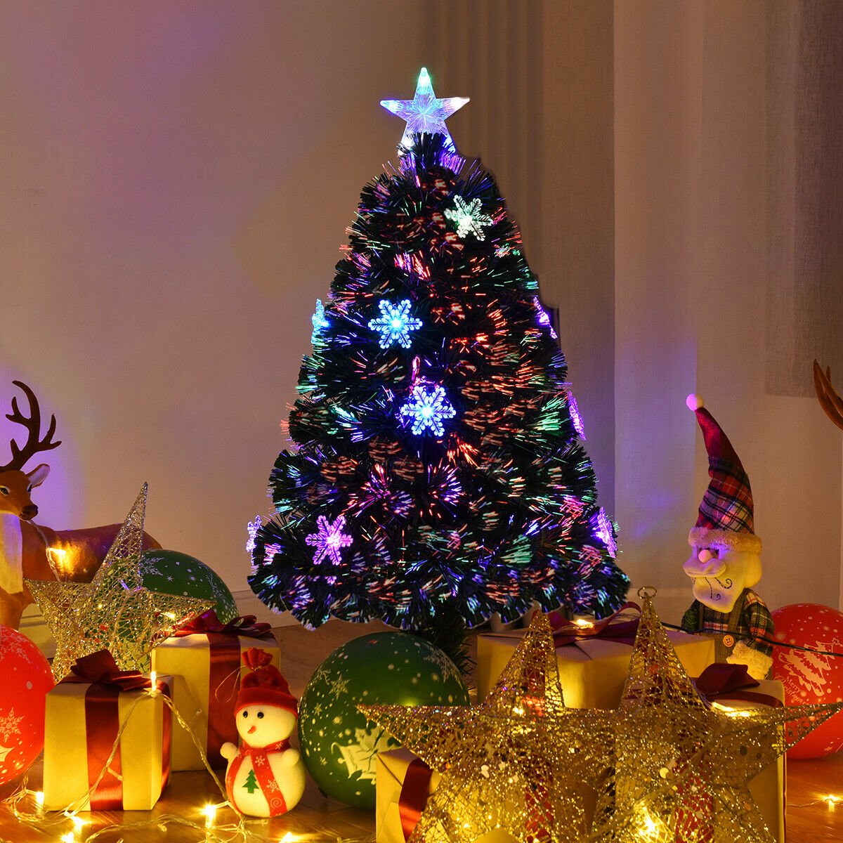 3 FT Fibre Optic Christmas Tree with Lit Snowflakes, LED Star Topper and 7 Colour Lights
