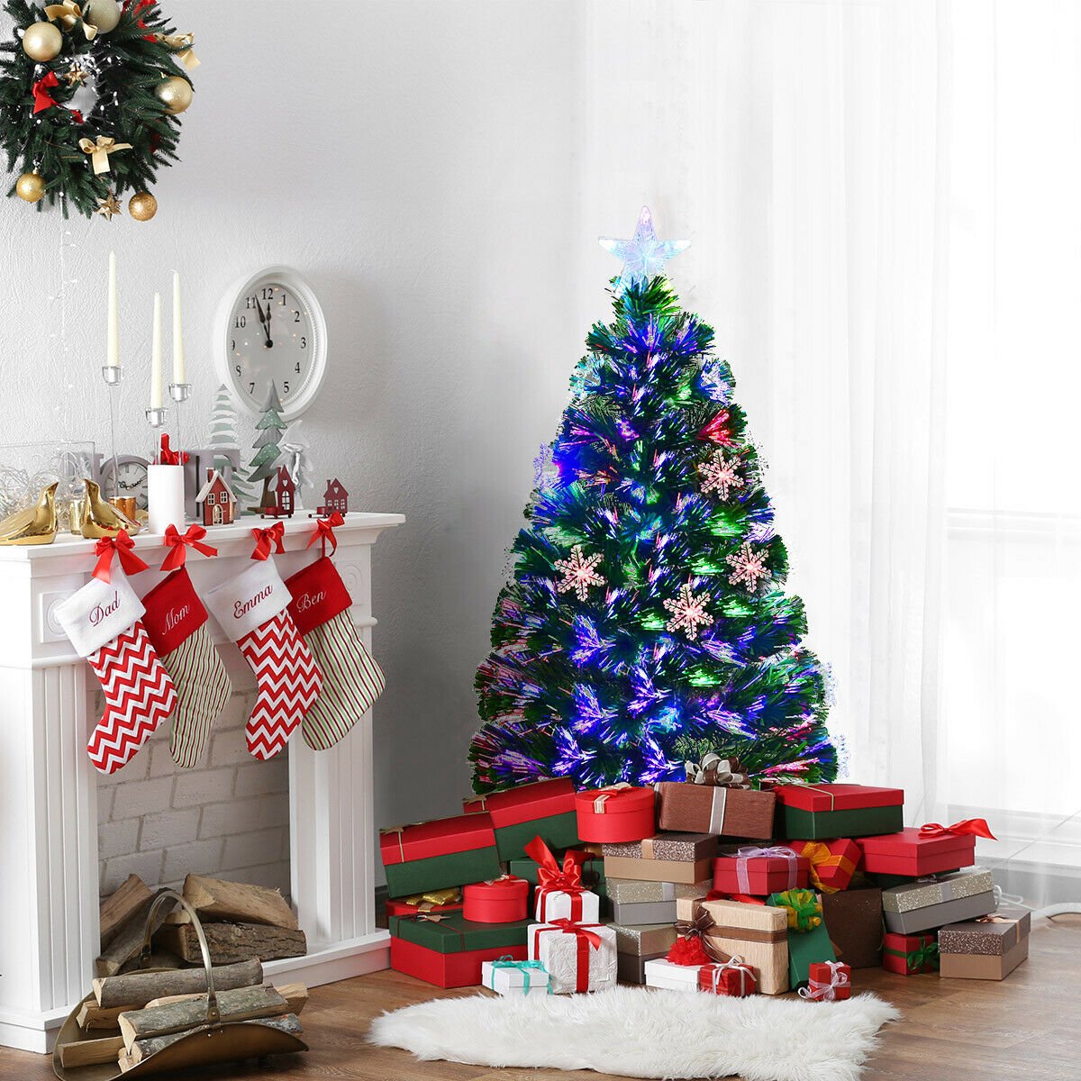 3 FT Fibre Optic Christmas Tree with Lit Snowflakes, LED Star Topper and 7 Colour Lights