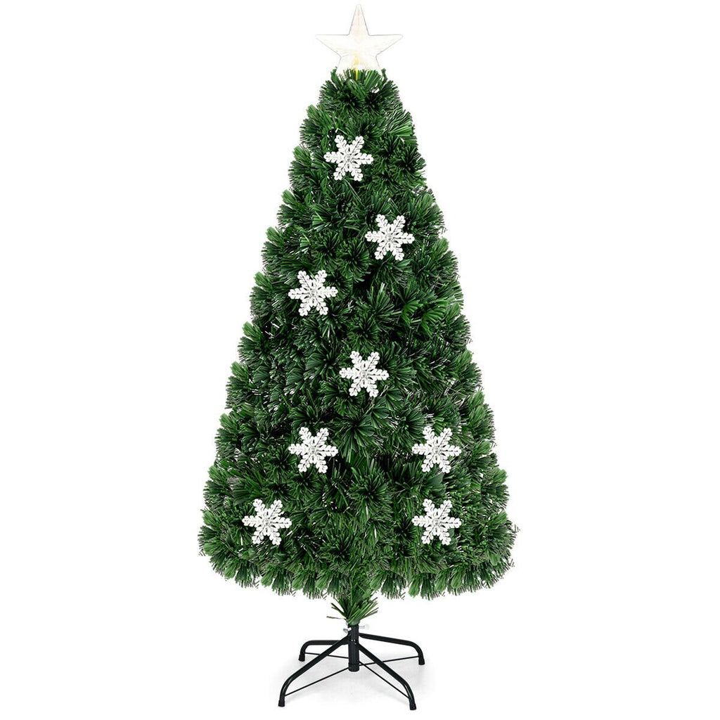 5 FT Fibre Optic Christmas Tree with 170 Tips, 21 LEDs, Lit Snowflakes and Metal Stand