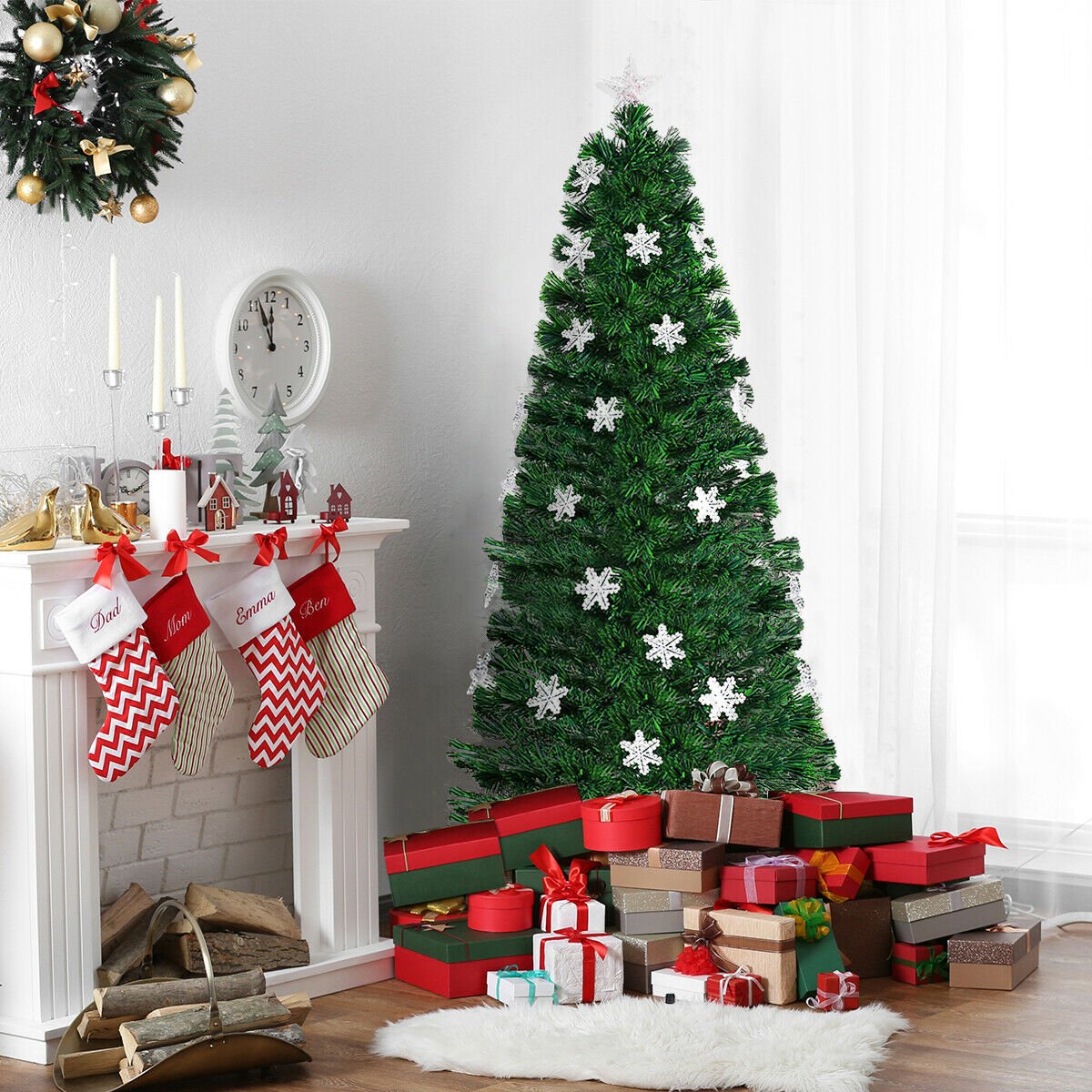 5 FT Fibre Optic Christmas Tree with 170 Tips, 21 LEDs, Lit Snowflakes and Metal Stand
