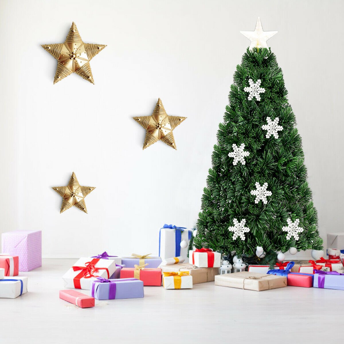 5 FT Fibre Optic Christmas Tree with 170 Tips, 21 LEDs, Lit Snowflakes and Metal Stand