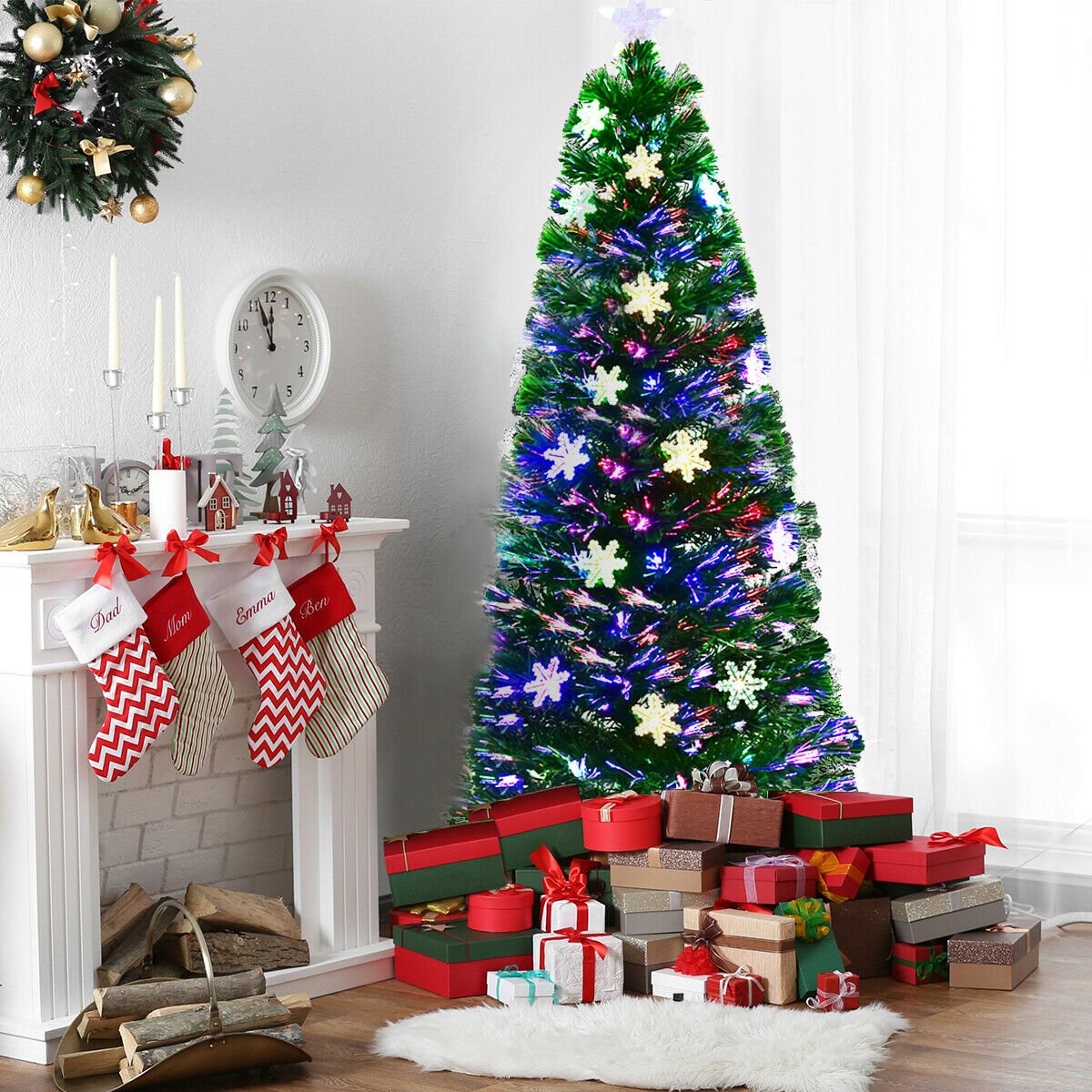 6 FT Fibre Optic Christmas Tree with Lit Snowflakes, Star Topper and 7 Colour Lights