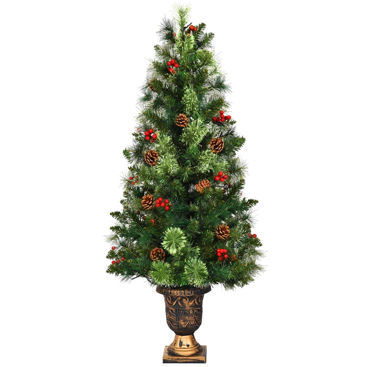 3 FT Pre-Lit Entrance Christmas Tree in Decorative Urn with 40 LED Lights, Red Berries and Pine Cones